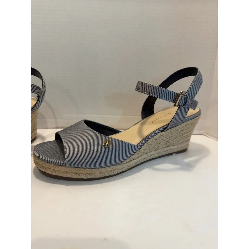 Tommy Hilfiger Womens Navy Striped Espadrille Wedge Sandals Ankle Strap Size 10M